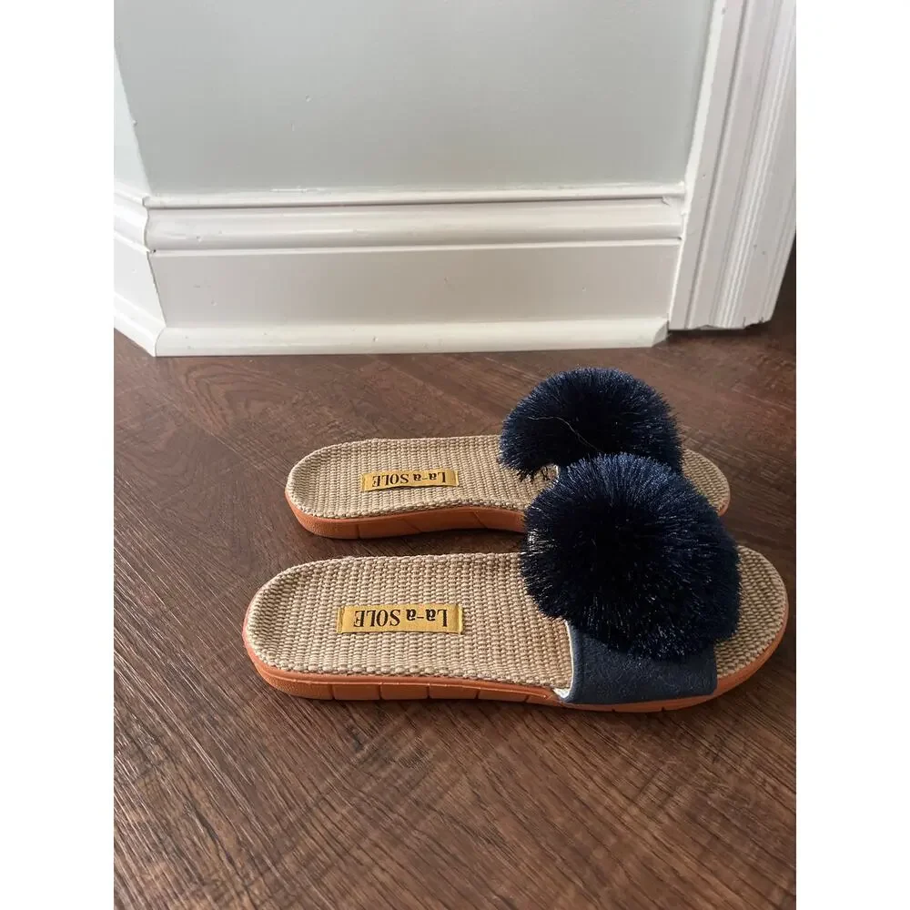 Navy Pom Pom Slide Sandals EU 37-38